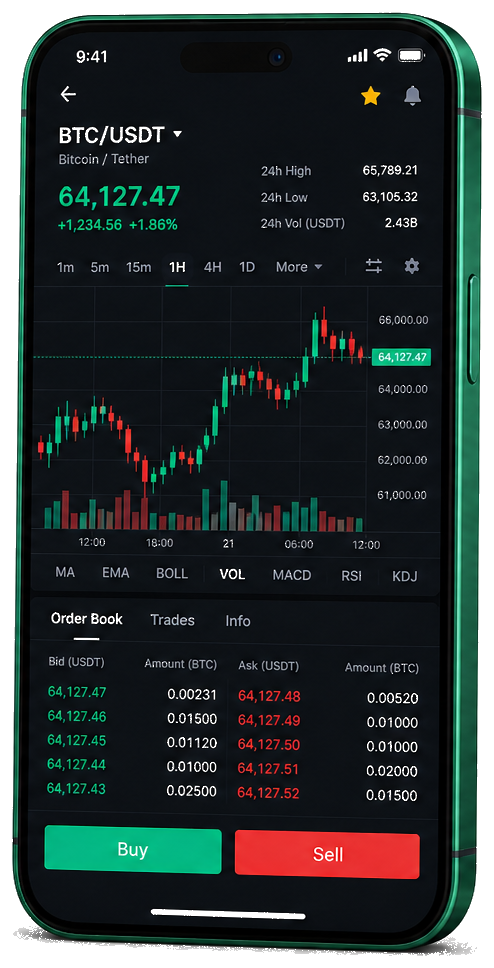 Hazira AI Trading mobil ticaret uygulaması — gerçek zamanlı BTC/USDT grafik, emir defteri ve işlem ekranı